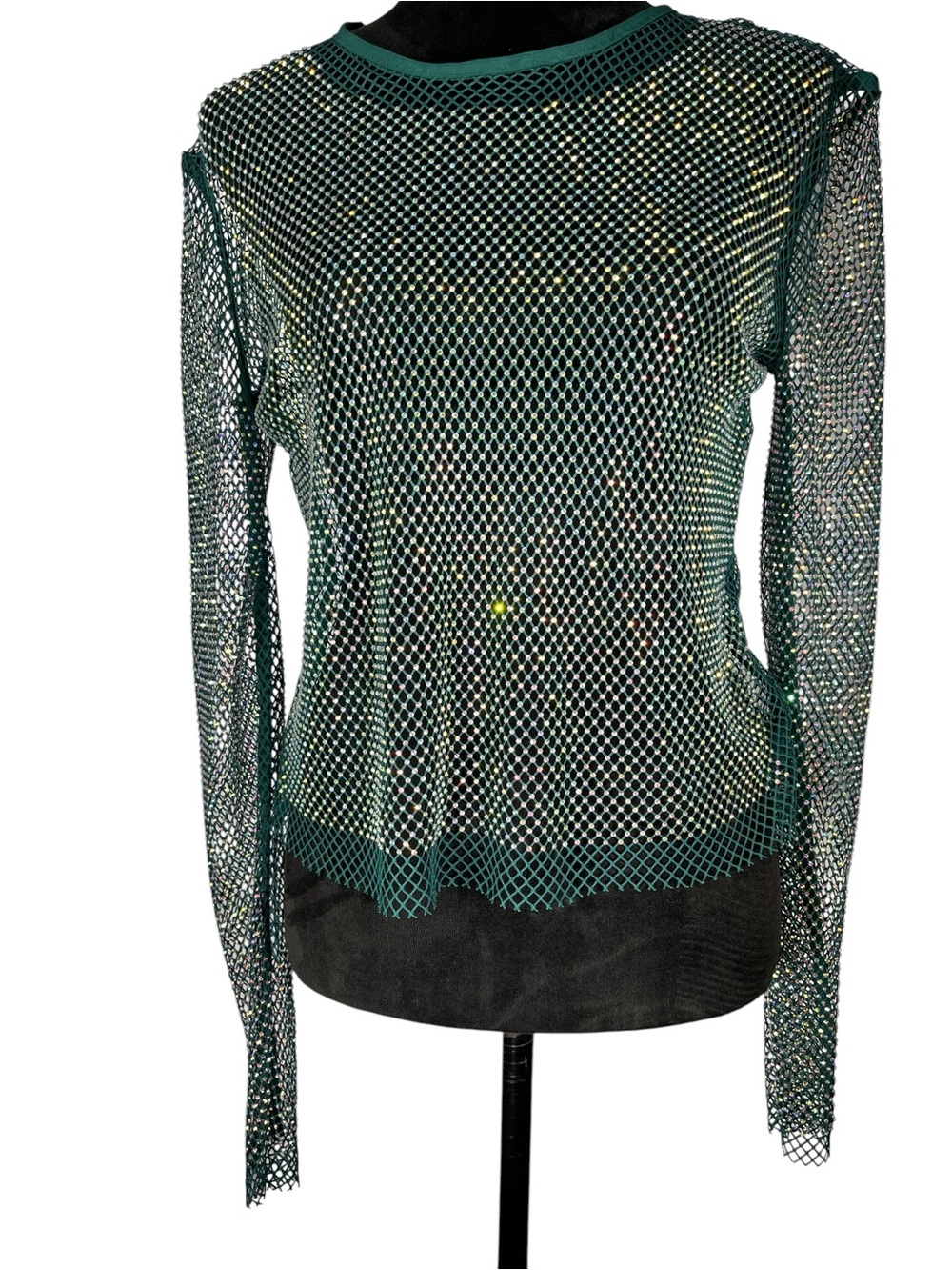 Shasa Green Rhinestone Top Mesh Long-Sleeve Fishnet Sheer